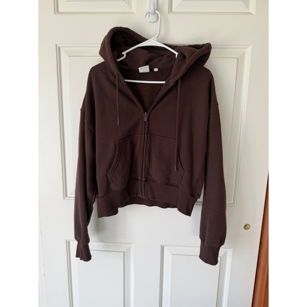 Aritzia Tna Sweatfleece Boyfriend Zip Hoodie Brown Medium M Cropped Sweatshirt